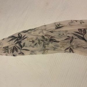 Gauzy raw edge scarf labels removed--grey mulberry olive design on off white